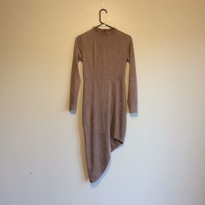 Medium Nude Suede A-symmetrical Long-sleeve Dress